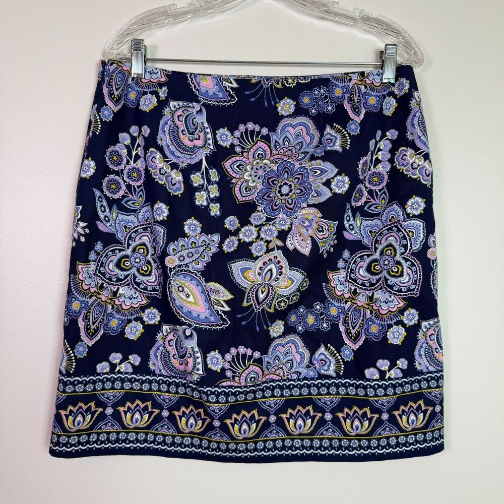 Talbots Paisley Canvas A-Line Skirt Navy Women's 10 Business Casual Coastal Boho - Picture 10 of 12